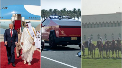 Trump a fost întâmpinat în Qatar cu călăreți pe cămile și camionete Cybertruck roșii: "N-am mai văzut de mult timp așa cămile"