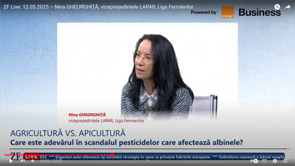 ZF Live. Nina Gheorghiţă, vicepreşedinte al LAPAR: Care e adevărul în „războiul pesticidelor“? Apicultorii spun că neonicotinoidele distrug albinele, agricultorii că fără ele pierdem jumătate din porumb, grâu şi floarea-soarelui