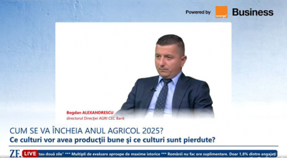 ZF Live. Bogdan Alexandrescu, CEC Bank: Băncile şi IFN-urile au ajuns la o expunere de 50 mld. lei pe agricultură, iar în 2025 ne aşteptăm la menţinere. Fermierii sunt precauţi şi nu-şi asumă singuri investiţii majore: fac investiţii doar cu bani europeni sau de la stat
