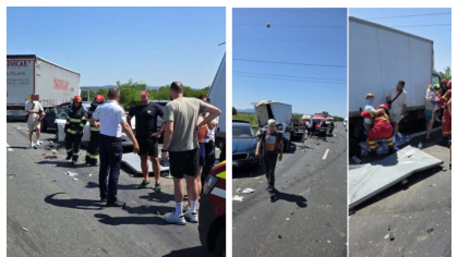 Accident cu șapte mașini pe Autostrada A1. 11 persoane au fost implicate, iar printre răniți se află și copii