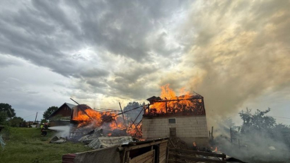 O magazie din lemn a luat foc după ce a fost lovită de trăsnet. Au fost salvați patru porci şi un căţel