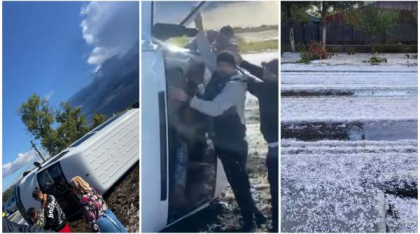 A fost vijelie cu grindină în 11 localități din Călărași: o mașină în care se afla o familie cu trei copii a derapat de pe șosea