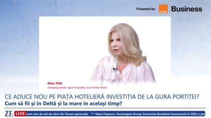 ZF Live. Alina Toie, managing partner la Spark Hospitality, Gura Portiţei Resort: Investiţia s-a ridicat la 10 mil. euro la Gura Portiţei, s-au reamenajat cele 50 de bungalouri, avem patru vile noi cu 80 de camere
