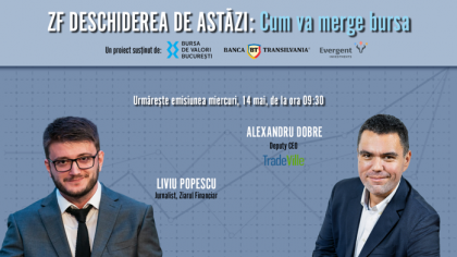 ZF DESCHIDEREA DE ASTĂZI. Cum va merge bursa. Urmăriţi miercuri, 14 mai 2025, ora 09.30 o discuţie cu Alexandru Dobre, Deputy CEO, Tradeville