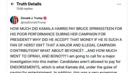 Trump vrea o „anchetă majoră” în privinţa sprijinului acordat Kamalei Harris de celebrităţi. Schimbul de replici dure cu Bruce Springsteen