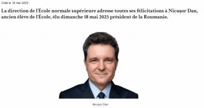 École Normale Supérieure din Paris îl felicită pe absolventul său Nicușor Dan după ce a fost ales președintele României
