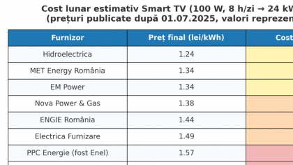TABEL | Câți lei plătim în fiecare lună pentru un singur televizor smart, în funcție de furnizorul de energie electrică