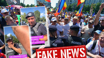 „Jandarmul care plânge la protest”, fake news demontat de Jandarmeria Română. În clip, un manifestant în vârstă aduce lacrimi în ochii unui jandarm cu un discurs răscolitor: „Nenorociții ăștia ne-au dezbinat, ne-au făcut să ne batem frate cu frate”