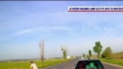 Momentul în care un șofer salvează o pisică pe cale să fie călcată de mașini, pe o șosea intens circulată