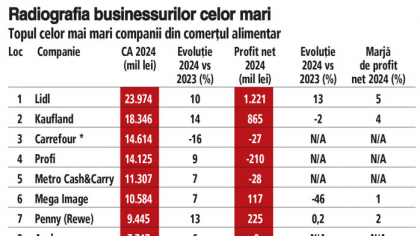 Radiografia businessurilor celor mai mari dintre cei mari. Marile lanţuri de supermarketuri şi hipermarketuri adună într-un singur an afaceri de 115 mld. lei, dar profitul e aproape inexistent. Patru din zece jucători sunt pe pierdere. Cea mai mare marjă de profit net (de 5,1%) este cea raportată de liderul comerţului alimentar local, discounterul german Lidl