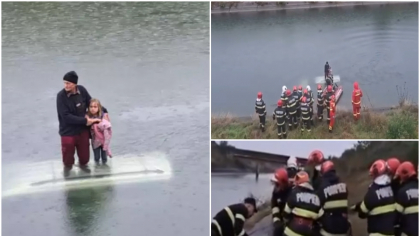 Au evitat o tragedie la mustață! Un bătrân și o fetiță, salvați, în ultima clipă, de pompieri de pe plafonul unei mașini care plonjase într-un canal