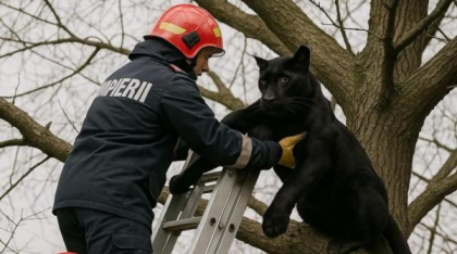 O imagine cu pantera neagră în copac, salvată de pompieri, a fost publicată de DSU