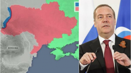 Medvedev confirmă intențiile lui Putin de a lua toată Ucraina. "Dacă ajutorul occidental continuă, zona-tampon va arăta așa"