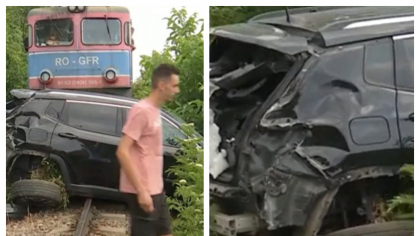 Mașină spulberată de tren în Buzău. Autoturismul a fost împins mai mult de 100 de metri pe șine