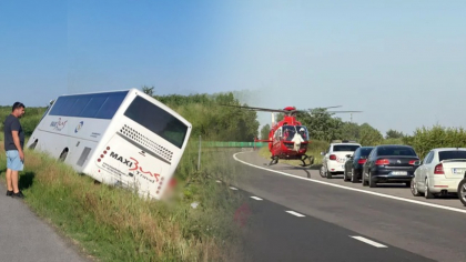 A fost activat Planul ROȘU de intervenție pe Autostrada A2. Un autocar plin cu pasageri s-a răsturnat – patru răniți și un posibil decedat