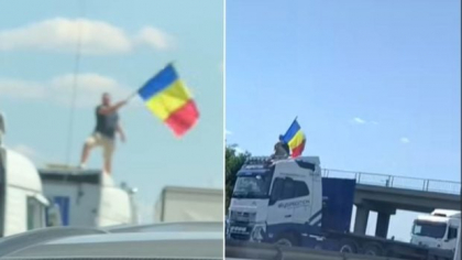 Un șofer de TIR a blocat traficul pe A1: s-a urcat pe cabina camionului și a fluturat drapelul în semn de protest