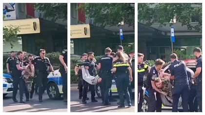 Scene halucinante în centrul Capitalei. Un bărbat a fost legat și luat pe sus de polițiști după ce și-a agresat soția