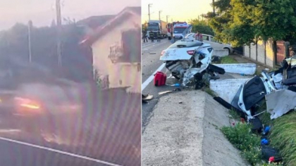 Mașină ruptă în două după un accident filmat la Plosca, în Teleorman