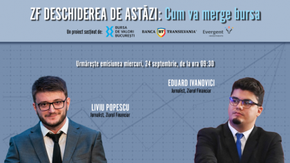 ZF DESCHIDEREA DE ASTĂZI. Cum va merge bursa. Urmăriţi o discuţie miercuri, 24 septembrie 2025, ora 09.30 cu Liviu Popescu şi Eduard Ivanovici, jurnalişti Ziarul Financiar
