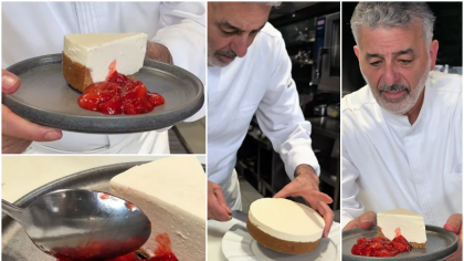 Cheesecake cu sos de căpșuni, după rețeta lui chef Joseph Hadad. Ingredientul-cheie care îi conferă o aromă aparte și o textură cremoasă