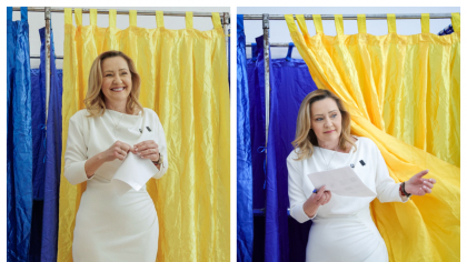 Elena Lasconi, îmbrăcată într-o rochie de 1.000 de lei la secția de votare. Cine i-a creat ținuta și cum a apărut alături de Cătălin Georgescu, soțul ei