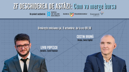 ZF DESCHIDEREA DE ASTĂZI. Cum va merge bursa. Urmăriţi o discuţie joi, 9 octombrie 2025, ora 09.30 cu Costin Brumă, broker, Swiss Capital
