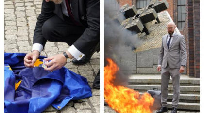 Un candidat la președinția Poloniei a rupt un steag al UE, și-a șters pantofii cu el și i-a dat foc: "Aici e Polonia, nu Bruxelles!"