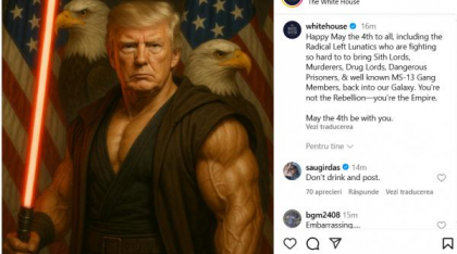 După ce s-a „pozat” în papă, Donald Trump postează o imagine inspirată de Star Wars, numai că personajul lui este cel negativ